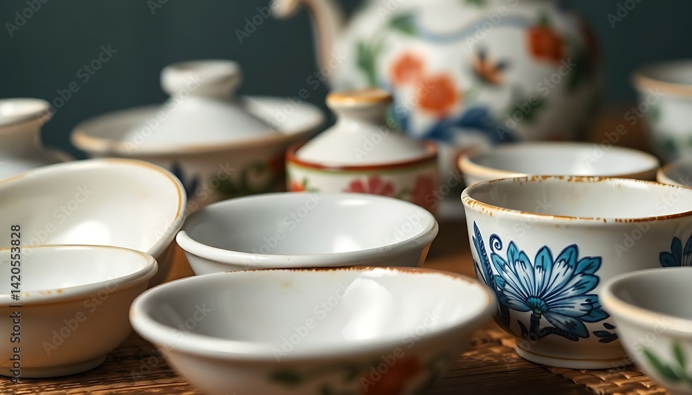 table topped with lots of white bowls table topped with lots of white bowls