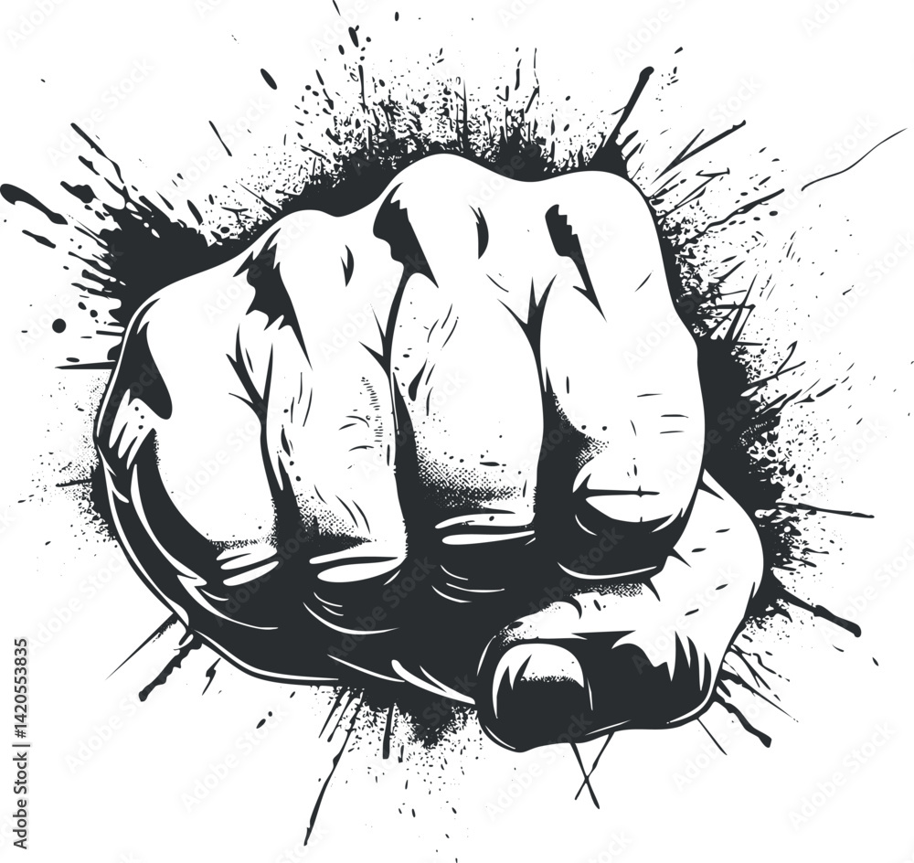 A bold illustration of a clenched fist with an explosive ink splash background representing strength and determination. A bold illustration of a clenched fist with an explosive ink splash background representing strength and determination.