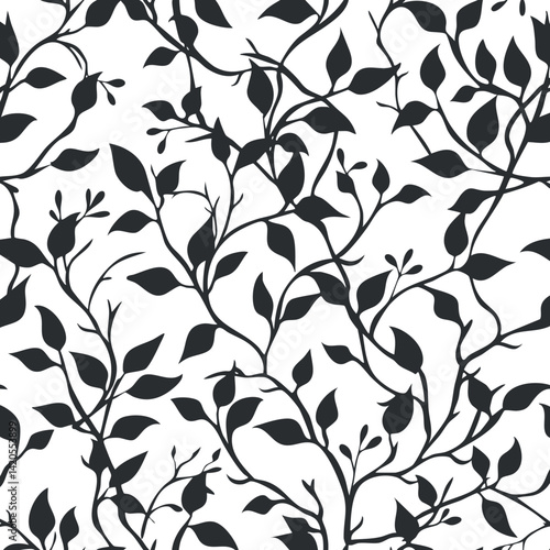A seamless black and white floral pattern featuring intricate leaves and vines for elegant designs.