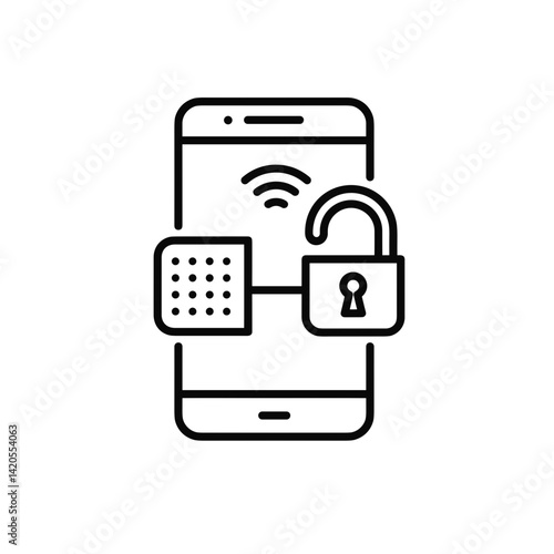 Smart Lock App Integration Icon (Phone & Padlock), Black & White Line Art - Smart Home Security & Remote Access Control Concept for UI Design
