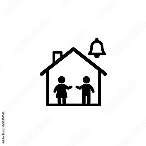 Child Arrival Notification Icon (Home, Children, Bell), Black & White Glyph - Smart Home Family Safety & Geofencing Alert Concept for App UI