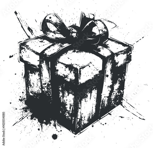 An artistic sketch of a gift box with a ribbon and splatter effects for celebrations.