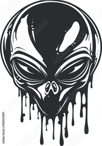 A stylized black and white illustration of a dripping alien head design.