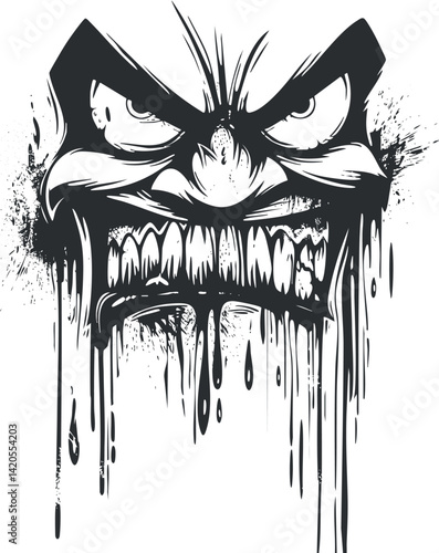 A fierce and angry face illustration with bold lines and dripping details for dramatic effect.