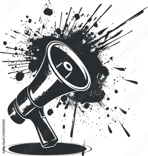 A graphic illustration of a megaphone with splashes, symbolizing communication and announcement.