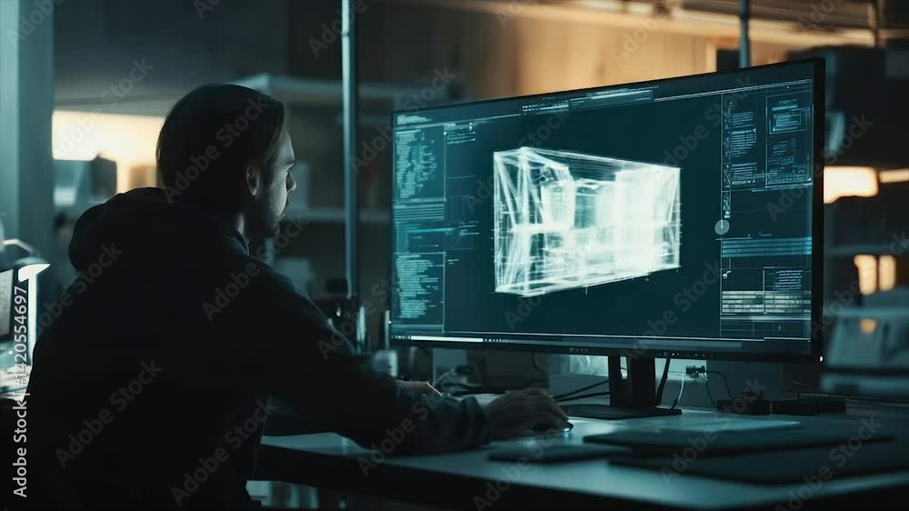 Hacker analyzing data on large monitor in dark room Hacker analyzing data on large monitor in dark room
