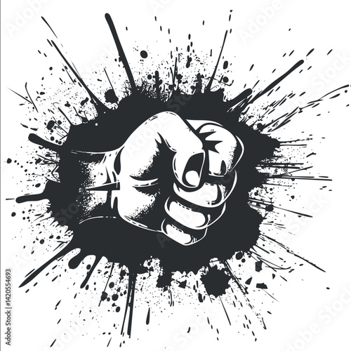 A bold illustration of a clenched fist bursting through a splatter background symbolizing power and strength.