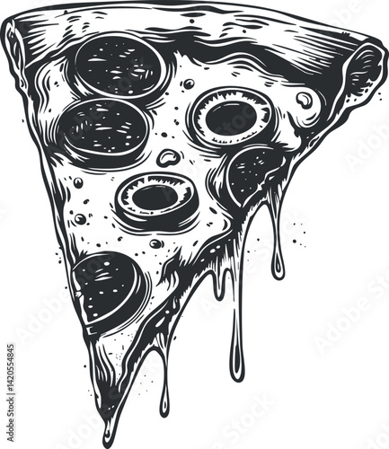 A delicious pepperoni pizza slice dripping with cheese and toppings in a fun graphic style.