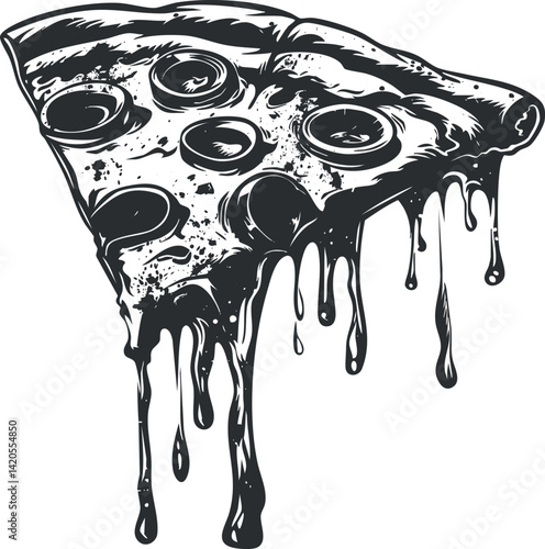A delicious dripping slice of pepperoni pizza with gooey cheese and flavorful toppings.