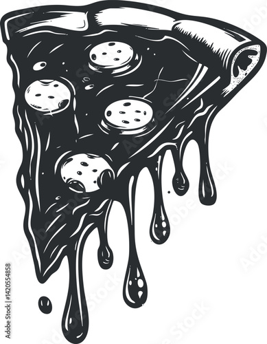 A dripping slice of pepperoni pizza showcasing gooey cheese and a delicious topping.