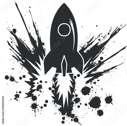 A striking black silhouette of a rocket launching with dynamic splashes and explosive effects.