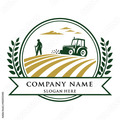 Farm logo with tractor and farmer