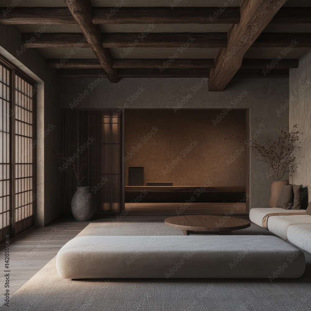 Fototapeta premium A living room with a white couch and a coffee table. There is a vase on the table and a potted plant on the floor