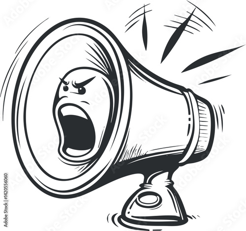 A cartoonish megaphone with an expressive face, symbolizing loud communication and announcements.