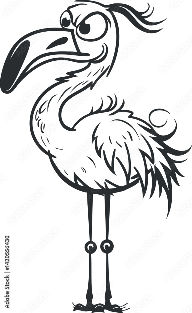 Fototapeta premium A whimsical cartoon illustration of a flamingo with a playful expression and detailed feathers.