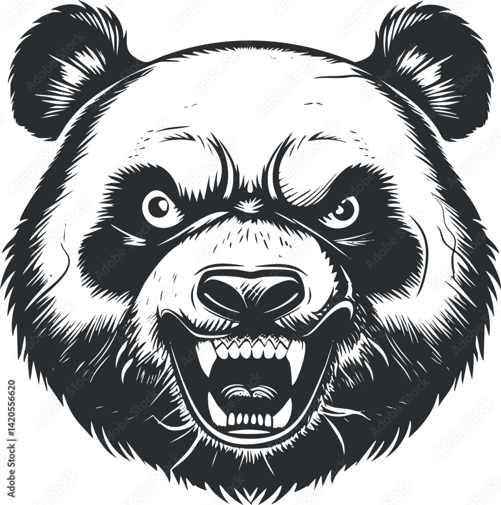 Fototapeta premium Stylized black and white illustration of an aggressive panda bear face with fierce expression.