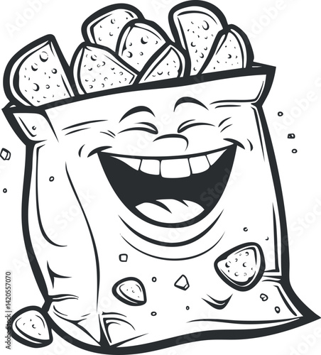 A cheerful cartoon bag of snacks with a smiling face and crunchy treats inside.