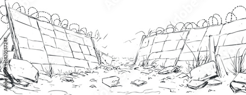 A desolate landscape featuring a barbed wire fence and scattered rocks in a minimalist style.