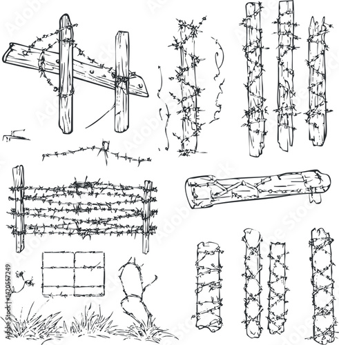 A collection of hand-drawn sketches of wooden fences with barbed wire in various styles.