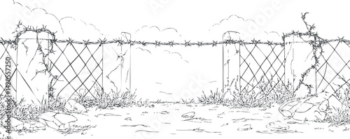 A detailed sketch of an overgrown fence with barbed wire in a tranquil landscape.