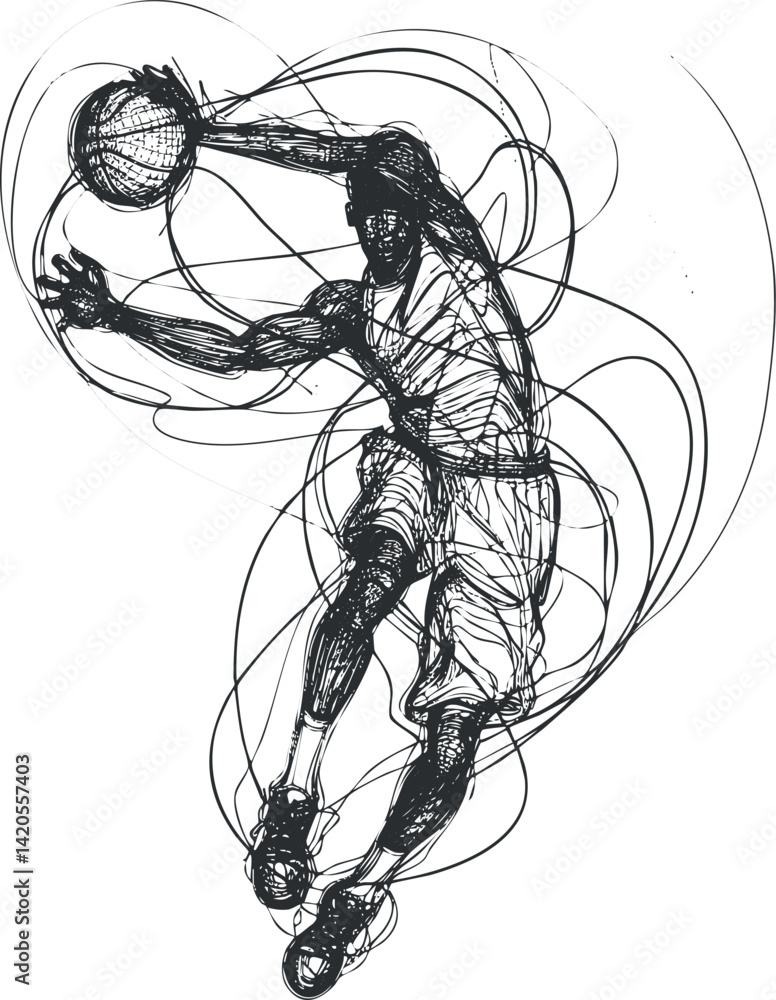 A dynamic sketch of a basketball player leaping to dunk the ball showcasing action and energy. A dynamic sketch of a basketball player leaping to dunk the ball showcasing action and energy.
