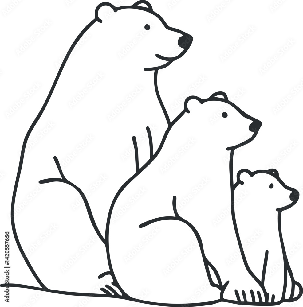 Fototapeta premium A charming illustration of a polar bear family featuring a mother bear and two cubs.