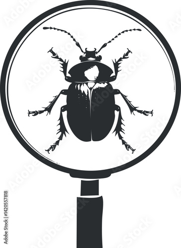A black and white illustration of a beetle under a magnifying glass for scientific examination.