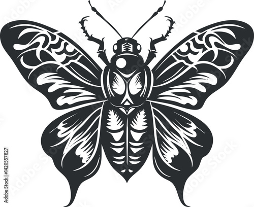 Stylized black and white illustration of a butterfly with intricate wing patterns.