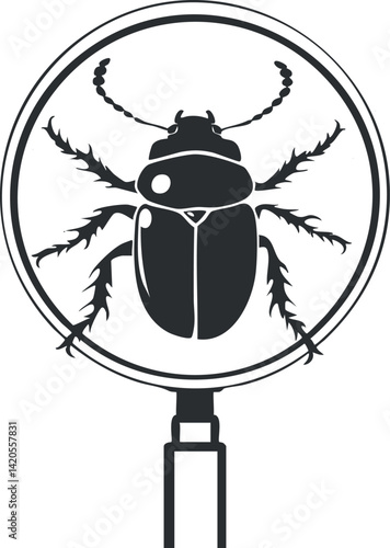 Illustration of a beetle inside a magnifying glass highlighting its intricate features.