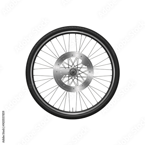 Isolated bicycle wheel with black tire and silver spokes on white background, ideal for cycling, transport, mechanical, or fitness-themed designs.

