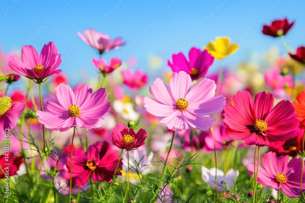 Vibrant cosmos field against a clear blue sky Vibrant cosmos field against a clear blue sky