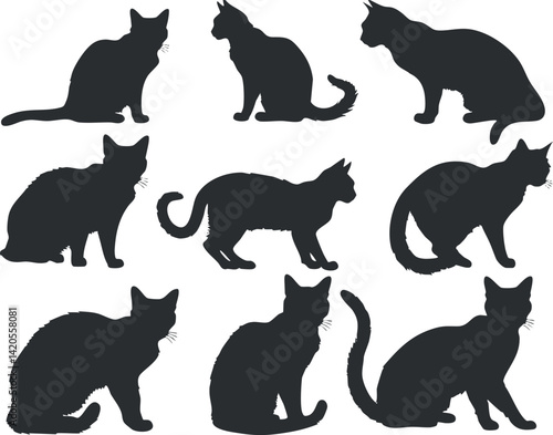 Collection of cat silhouettes in various poses showcasing their playful and curious nature.