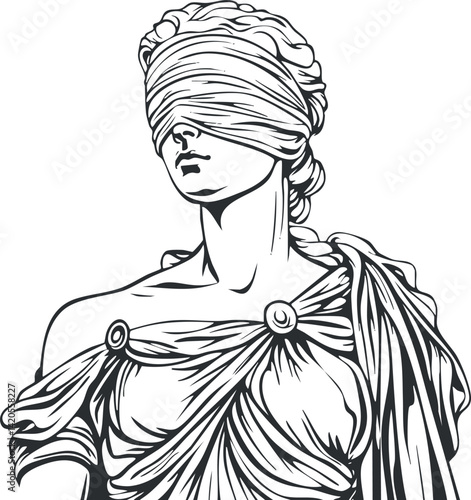 Illustration of a classical statue with a blindfold symbolizing justice and wisdom.