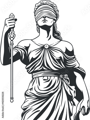 A blindfolded female figure representing justice holding a scale and sword symbolizing fairness.