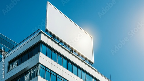 Rooftop billboard frame in white placed on top of a bright modern building, no ad content visible, urban branding concept, midday sun