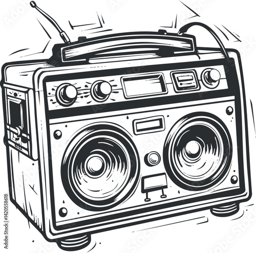 A vintage boombox illustration showcasing retro design and classic audio features.