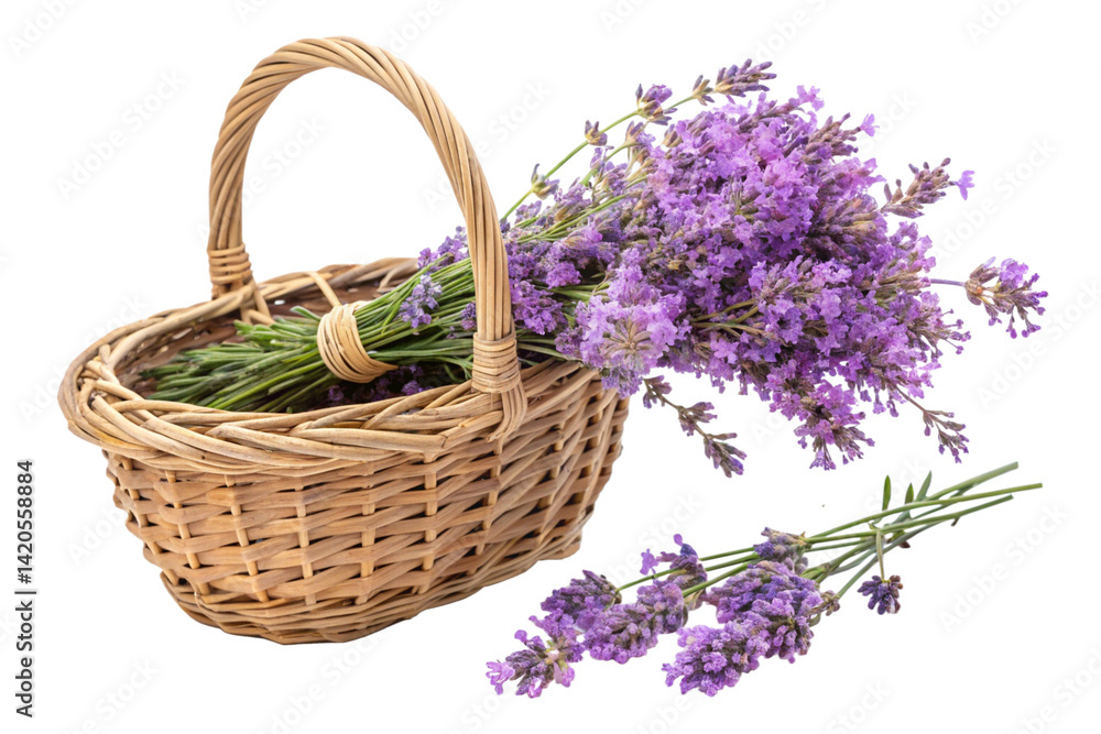 A beautiful wicker basket filled with vibrant lavender blooms, isolateed on transparent background - generated by ai A beautiful wicker basket filled with vibrant lavender blooms, isolateed on transparent background - generated by ai