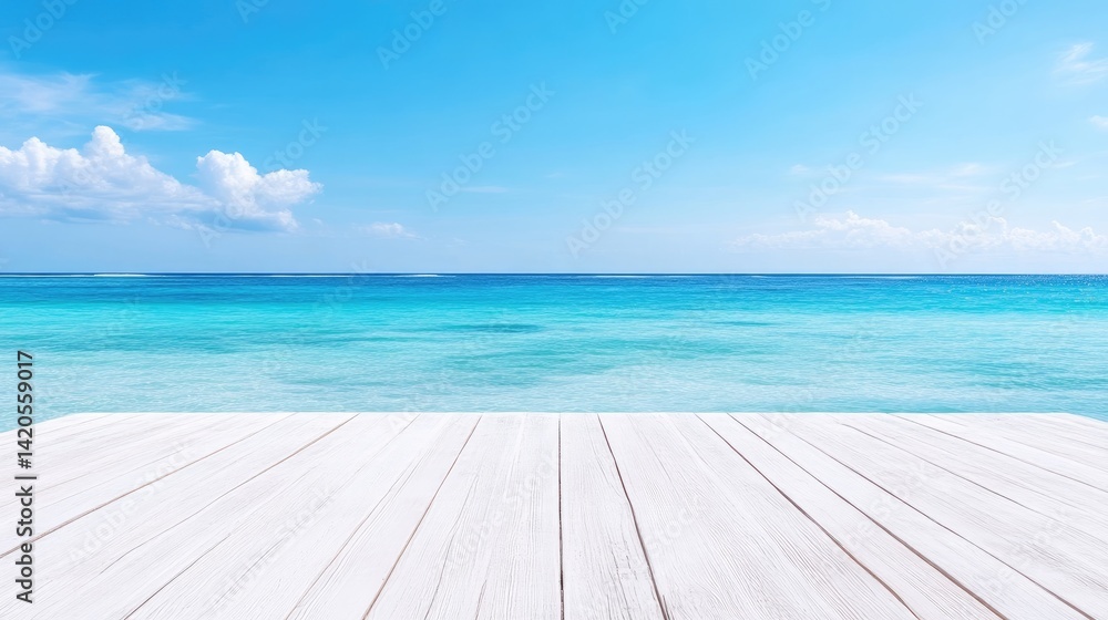 Fototapeta premium Tranquil beach scene with white wooden deck