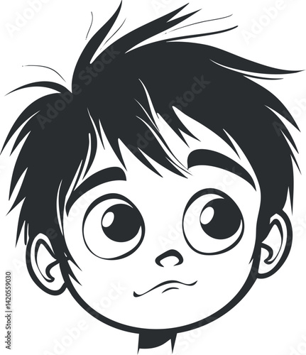 A playful cartoon illustration of a happy boy with expressive features and tousled hair.