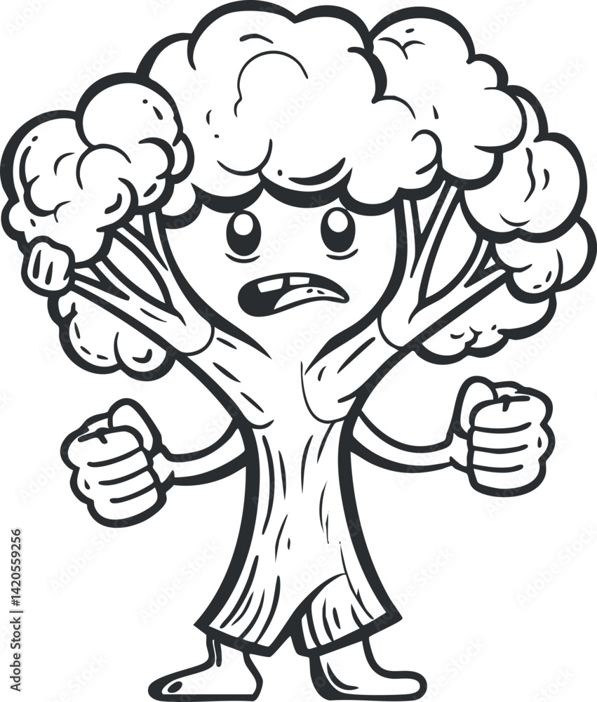 A cartoon broccoli character displaying an angry expression with raised fists. A cartoon broccoli character displaying an angry expression with raised fists.