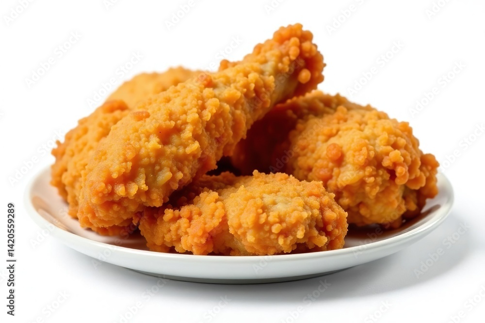 Crispy fried chicken pieces isolated on white, drumstick, texture Crispy fried chicken pieces isolated on white, drumstick, texture