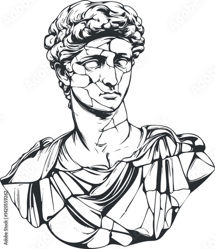 Stylized line drawing of an ancient Greek sculpture bust with a fragmented appearance.