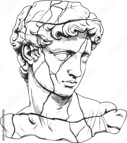 A detailed line art illustration of a broken classical sculpture head representing ancient beauty.
