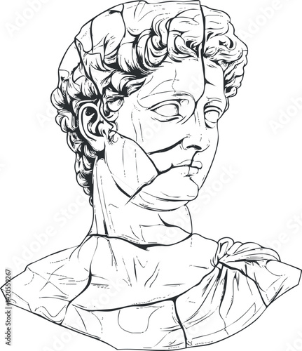 A detailed line art illustration of a fragmented ancient bust sculpture depicting a male figure.