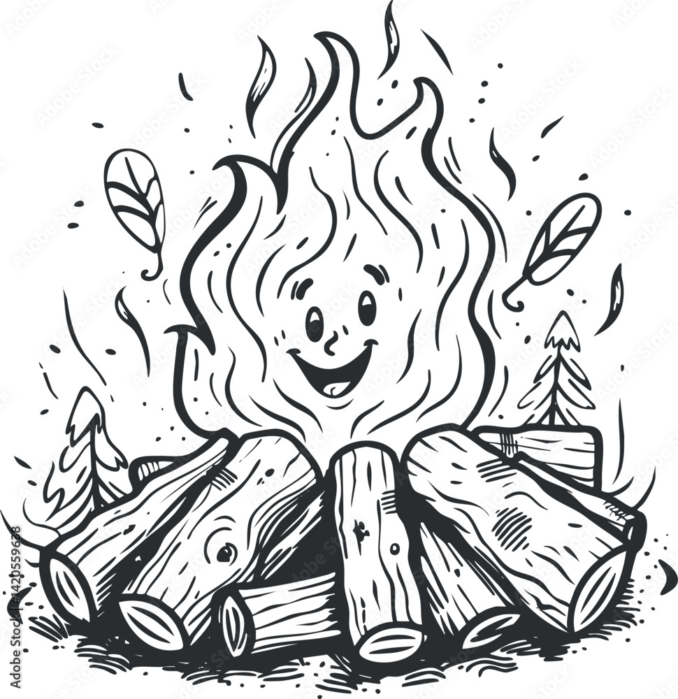 Obraz premium A cheerful campfire illustration with smiling flame and logs, perfect for outdoor adventures.