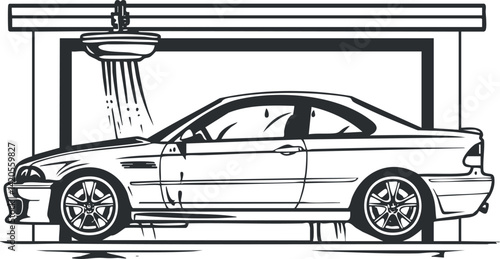 A detailed illustration of a car being washed inside a garage with a water spray.