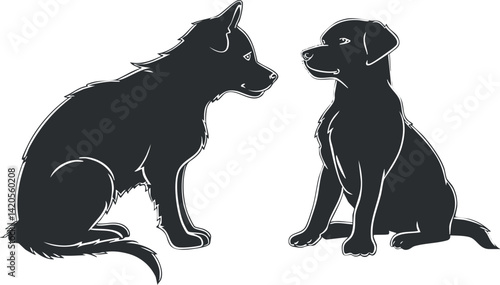 Illustration of two dogs in silhouette, showcasing companionship and playfulness in a simple design.
