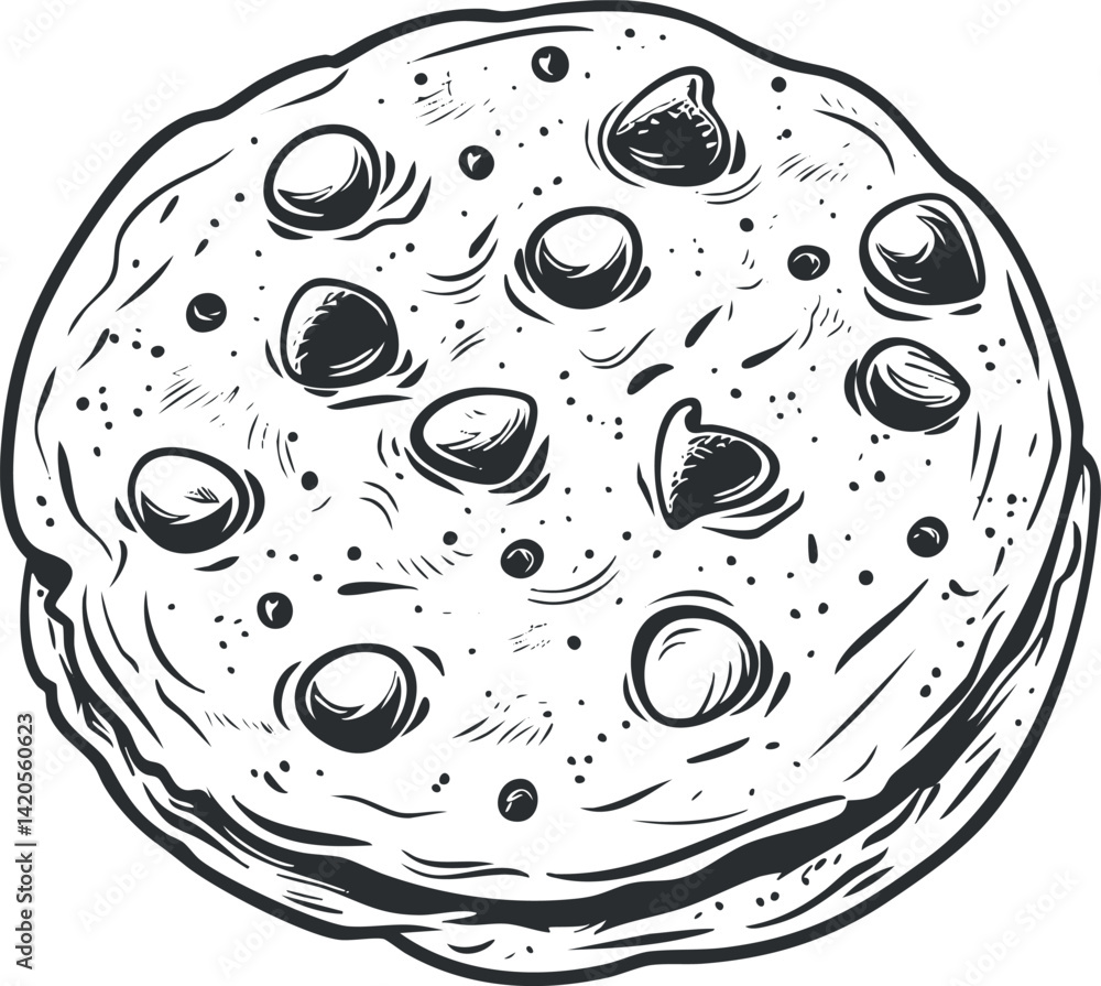 A hand drawn illustration of a round chocolate chip cookie on a white background. A hand drawn illustration of a round chocolate chip cookie on a white background.