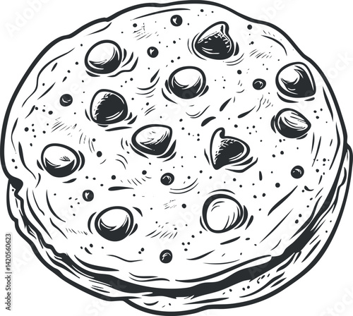 A hand drawn illustration of a round chocolate chip cookie on a white background.