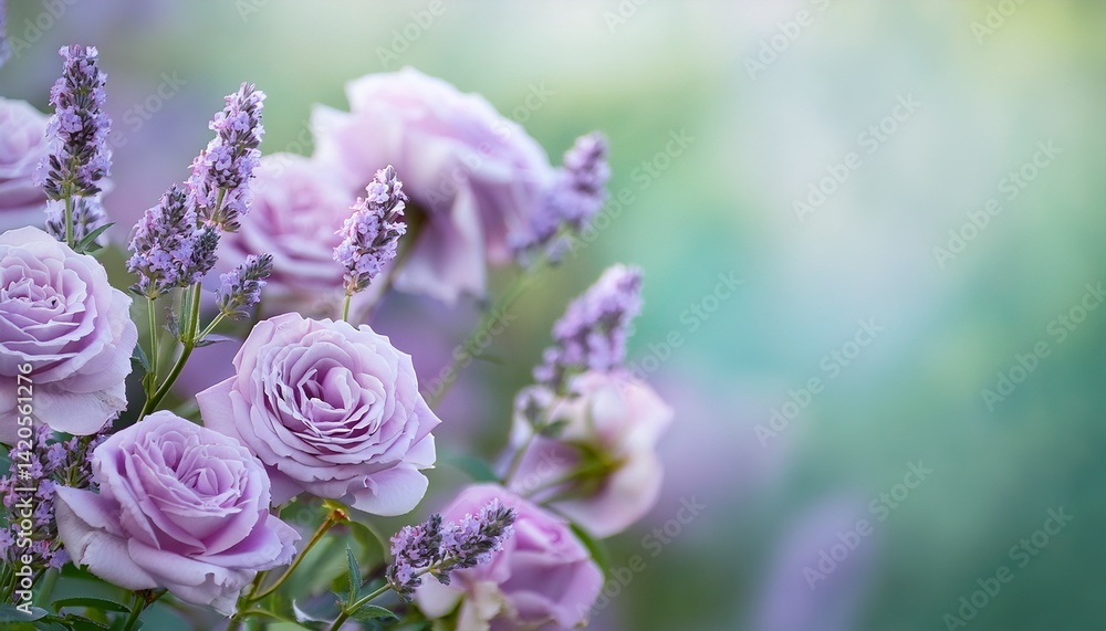 Obraz premium ミントグリーンの淡い背景にラベンダーのバラがふわりとぼかされて浮かぶ、パステル調の優美なシーン。やわらかな色彩が心を落ち着かせる幻想的な印象。